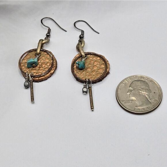 "5/$25" Handmade Turquoise Chip Leather Mixed Metal Dangle Earrings 925 Ear Wire - Picture 5 of 6
